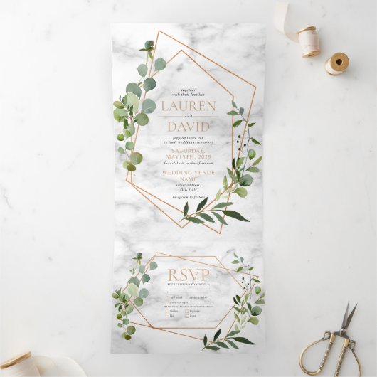 Kopergeometrische marmer Eucalyptus Elegant Weddin Drieluik Uitnodiging (Binnen)