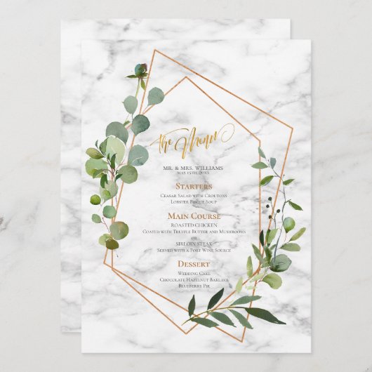 Kopergeometrische marmer Eucalyptus Elegant Weddin Menu (Voorkant / Achterkant)