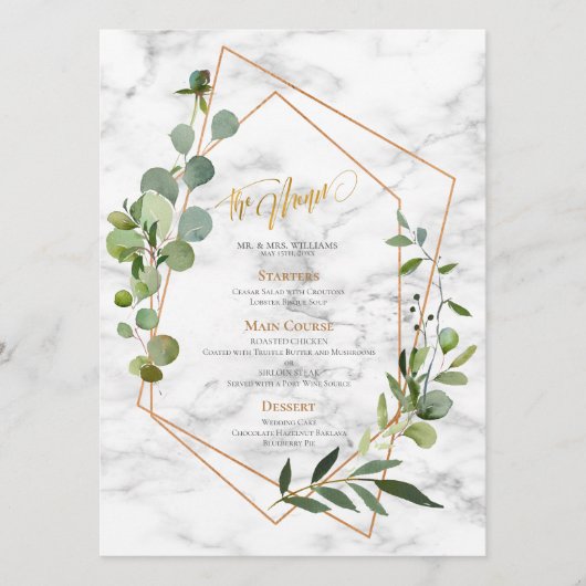 Kopergeometrische marmer Eucalyptus Elegant Weddin Menu (Voorkant)