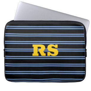 Kopergoud monogram, naam, blauwe lijnen op zwart laptop sleeve