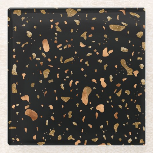 Kopergoud op Black Terrazzo Stone Glazen Onderzetter (Voorkant)