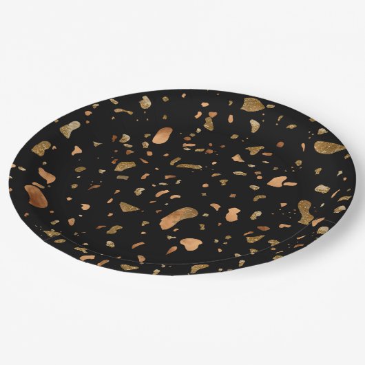 Kopergoud op Black Terrazzo Stone Papieren Bordje (Gekanteld)
