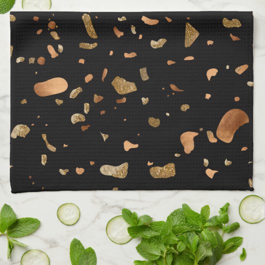 Kopergoud op Black Terrazzo Stone Theedoek (Gevouwen)