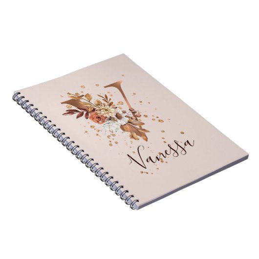 Koperherfst Floral Letter V Herfst Flowers Notitieboek (Rechterzijde)