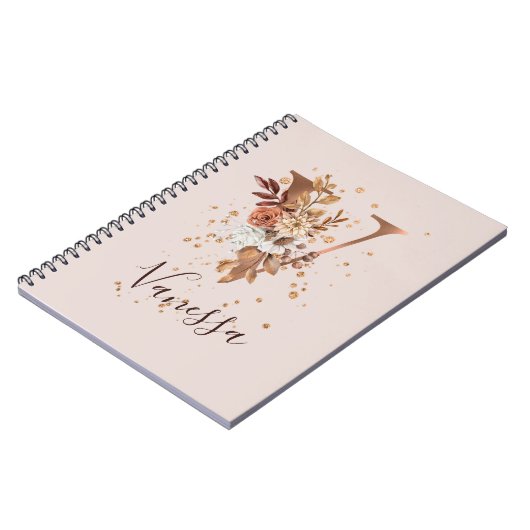 Koperherfst Floral Letter V Herfst Flowers Notitieboek (Linkerzijde)