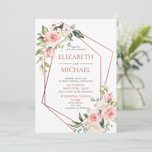 Koperlicht-oranje roze bruiloft kaart (Staand voorkant)