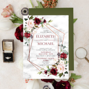 Kopermarmer Geometric Burgundy Floral Wedding Kaart