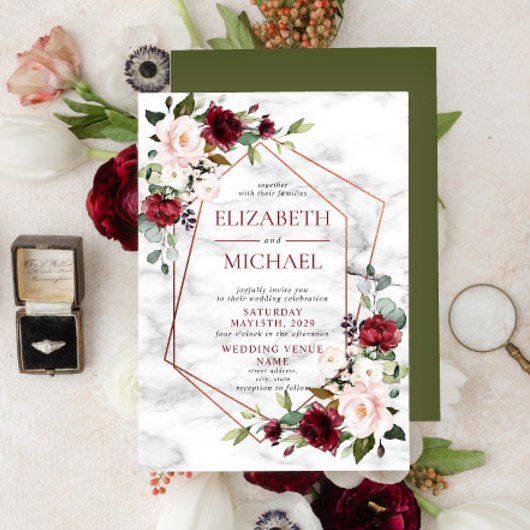 Kopermarmer Geometric Burgundy Floral Wedding Kaart