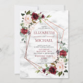 Kopermarmer Geometric Burgundy Floral Wedding Kaart (Voorkant)