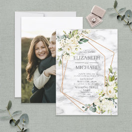 Kopermarmer Geometric White Floral foto bruiloft Kaart