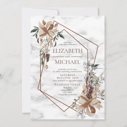 Kopermarmer Geometric Winter Greenery Wedding Kaart (Voorkant)