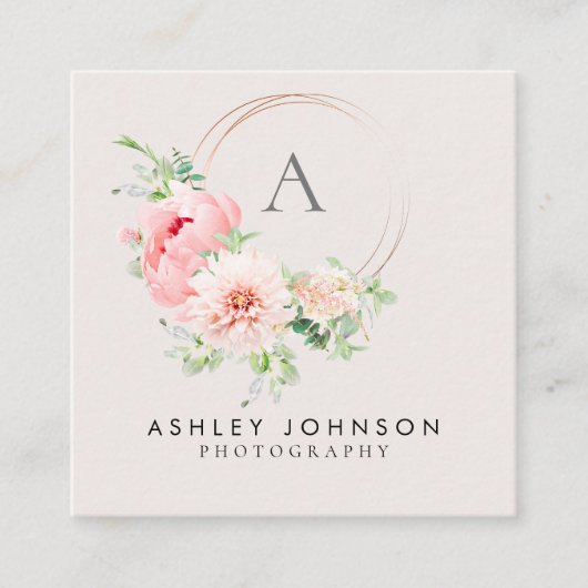 Kopermonogram Waterverf Roze Bloemenvierkant Vierkante Visitekaartje (Voorkant)