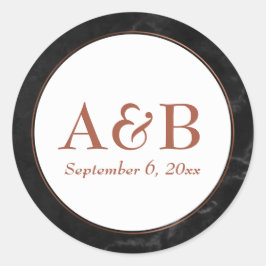 Kopermonogrammen & datum over zwart marmer ronde sticker