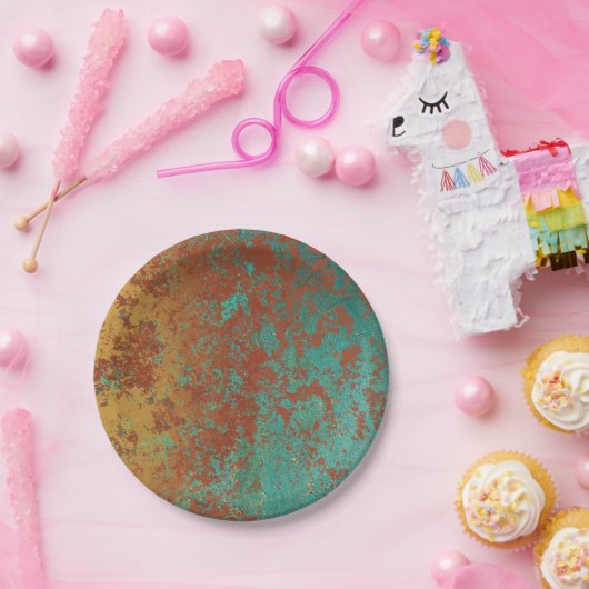 Koperturquoise Blauw Oranje bruine textuur Papieren Bordje (Feest)