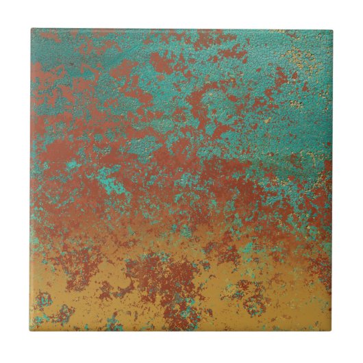Koperturquoise Blauw Oranje bruine textuur Tegeltje (Voorkant)