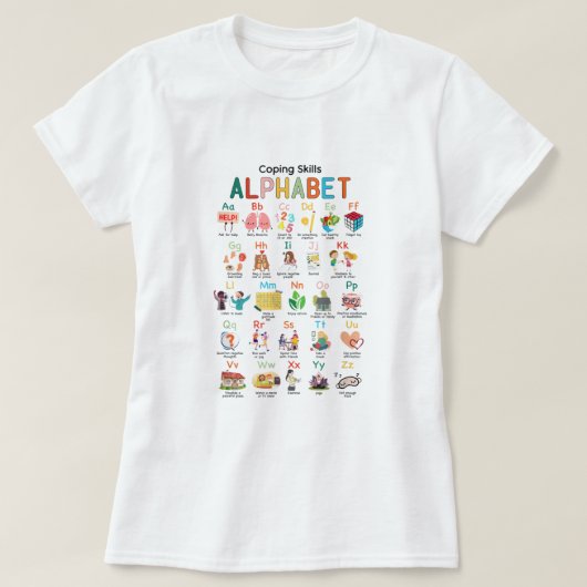 Kopervaardigheden Alfabet Mental Health Matets Tea T-shirt (Design voorkant)