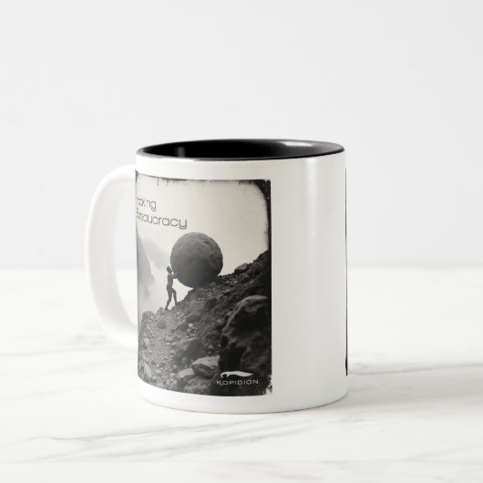 Kopidion - Hacking Bureaucracy-cursuskunstwerk Tweekleurige Koffiemok (Voorkant links)