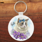 Kopie van Hand tekening grappig Leuke kat met bloe Sleutelhanger (Achterkant)