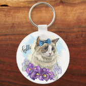 Kopie van Hand tekening grappig Leuke kat met bloe Sleutelhanger (Voorkant)