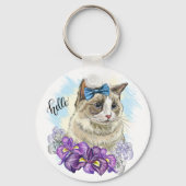 Kopie van Hand tekening grappig Leuke kat met bloe Sleutelhanger (Achterkant)