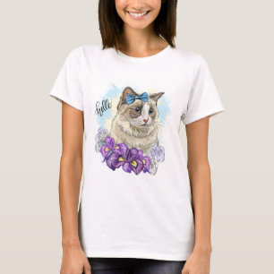 Kopie van Hand tekening grappig Leuke kat met bloe T-shirt
