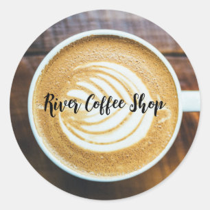 Kopje koffie Latte Leaf-Shape Foam op Houten Naam Ronde Sticker