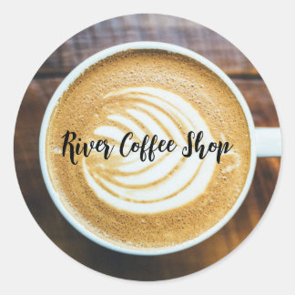 Kopje koffie Latte Leaf-Shape Foam op Houten Naam Ronde Sticker