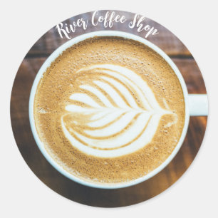 Kopje koffie Latte Leaf-Shape Foam op Houten Naam Ronde Sticker