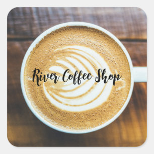 Kopje koffie Latte Leaf-Shape Foam op Houten Naam Vierkante Sticker