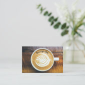 Kopje koffie Latte Leaf-Shape Foam op Houten Naam Visitekaartje (Staand voorkant)