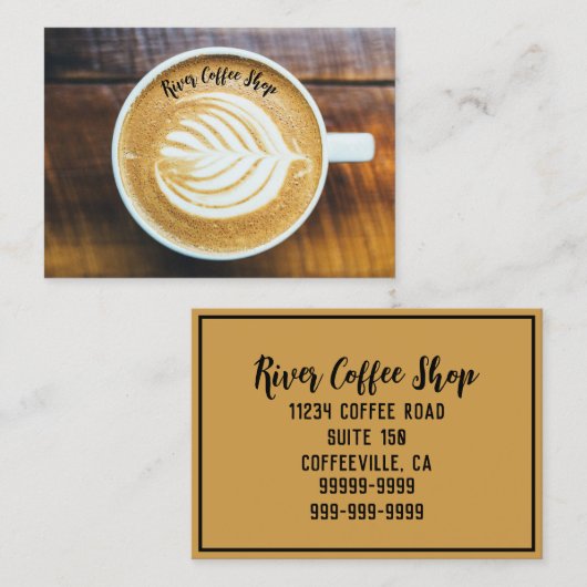 Kopje koffie Latte Leaf-Shape Foam op Houten Naam Visitekaartje (Voorkant / Achterkant)