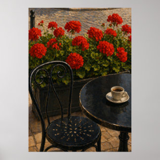 Kopje koffie op cafétafel naast rode geraniums poster