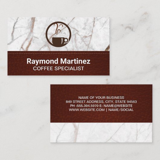 Kopje koffie stomen | Marmer en gestikte leer Visitekaartje (Voorkant / Achterkant)