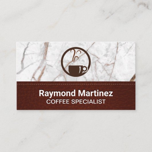Kopje koffie stomen | Marmer en gestikte leer Visitekaartje (Voorkant)