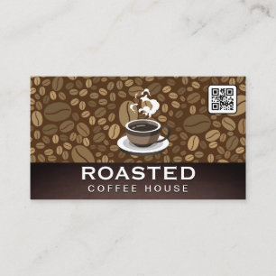 Kopje koffie stoomt   QR-code   Bonen Visitekaartje