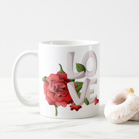 Koplettering met romantisch rood rozenloof koffiemok (Met donut)