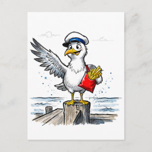 Kopmeeuw die patatjes steelt Marine Inkt Illustrat Briefkaart