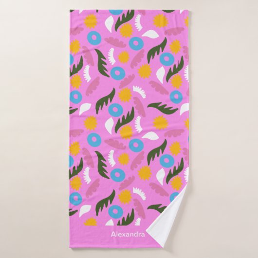 Kopnaammonogram roze bloemig abstract patroon badhanddoek (Badhanddoek)