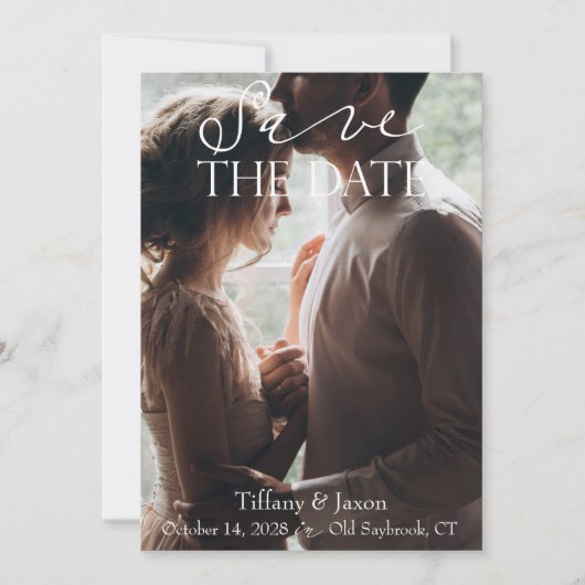 Koppel Afbeelding witte scripttekst Sla de datum o Save The Date (Voorkant)