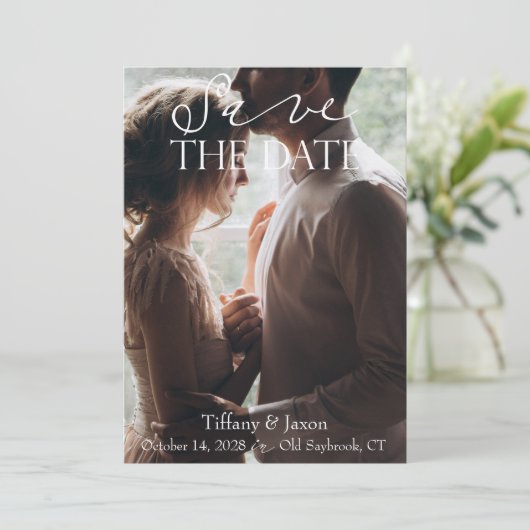 Koppel Afbeelding witte scripttekst Sla de datum o Save The Date (Staand voorkant)