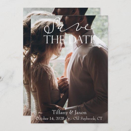 Koppel Afbeelding witte scripttekst Sla de datum o Save The Date (Voorkant / Achterkant)