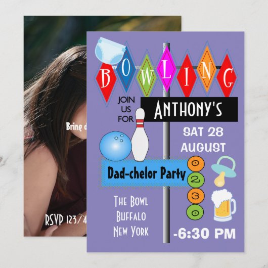 Koppel Baby Shower Dad-chelor Retro Bowling Feest Kaart (Voorkant / Achterkant)
