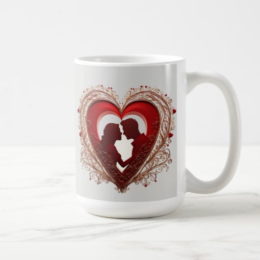 Koppel dat elkaar omhelst in een groot rood hart koffiemok (Rechts)