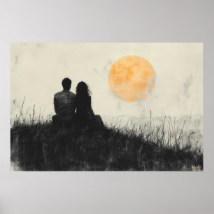 Koppel dat zonsondergang bekijkt in zwart-wit kuns poster