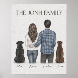 Koppel en Twee Honden Familie Grafiet Portret Post Poster