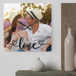 Koppel Foto Liefde en Hart Calligrafie Vierkante Klok