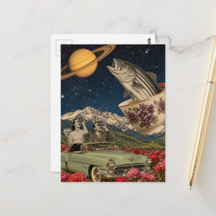 Koppel in een Retro Auto Theekop Springende Vis Su Briefkaart