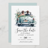 koppel in oldtimer waterverf save the date kaart (Voorkant / Achterkant)