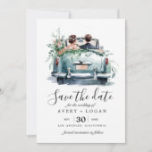 koppel in vintage auto aquarel save the date kaart (Voorkant)