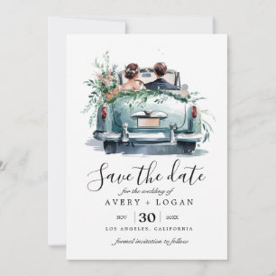 koppel in vintage auto aquarel save the date kaart